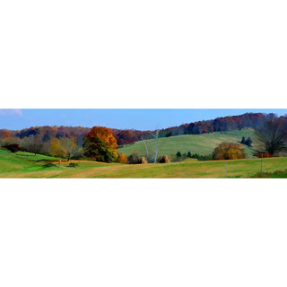 Enjoy the beauty of golden autumn with this captivating horizontal panorama of rolling hills set against a rich foliage backdrop. Bring a timeless slice of nature into your home and embrace the serenity of the Fields of Fall by Alison Thomas of Serenity Scenes Photography and Digital Art..