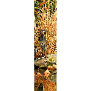 With the Heron in the Grass - Vertical Panorama, witness the stunning grace of a heron standing on a rock in a pond amid lush grasses. Admire nature's beauty and bring a touch of serenity into your space.  Heron in the Grass by Alison Thomas of Serenity Scenes Photography and Digital Art.
