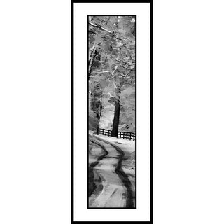 A curved winter road in the snow with tire tracks and a country fence. Winter Road by Alison Thomas of Serenity Scenes Photography and Digital Art.