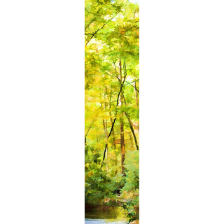 Yellow-green leaves blur together in a haze of light, obscuring their surroundings and blocking out the sky above the forest. The image of a calm pond appears at the foot of the nearest tree. Autumn Dreams by Alison Thomas of Serenity Scenes Photography and Digital Art.