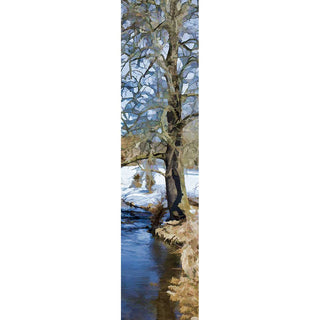Our Colors of Winter vertical panorama features a striking image of a bare tree and a winter landscape blanketed in snow, near a pond with blue water. Its cool color palette is sure to add a unique, tranquil touch to any space. Colors of Winter by Alison Thomas of Serenity Scenes Photography and Digital Art.