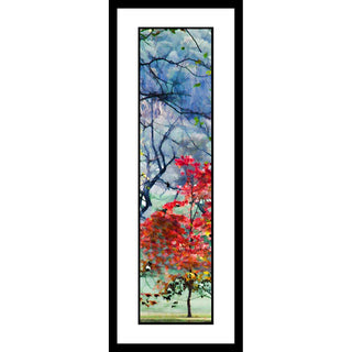 An autumn tree vibrant with red grows amidst bare branches. The forest behind fades into springlike pastel violets and soft greens. Dancing in the Light by Alison Thomas of Serenity Scenes Photography and Digital Art.