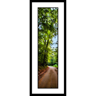 Featuring a winding dirt road among lush green trees and a bright blue sky, this vertical panorama of Dirt Road is the perfect addition to your home. Enjoy the beauty of nature from the comfort of your living room.  Dirt Road by Alison Thomas of Serenity Scenes Photography and Digital Art.