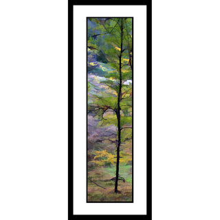 A young, green sapling in a forest just touched by autumn. The geometrical shapes of stained glass blend into a backdrop of muted autumn trees. Fall Glass by Alison Thomas of Serenity Scenes Photography and Digital Art.