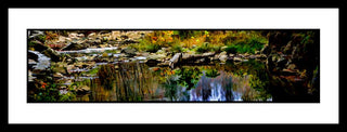 Fallen leaves and rocks surround a still pool, nestled in the bend of a small stream. It's crystal clear water reflects the autumn trees and grass of the forest, only a small ripple disturbing the picture. Hidden Pool by Alison Thomas of Serenity Scenes Photography and Digital Art.