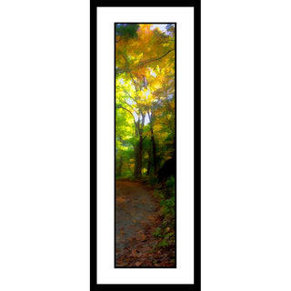 The vertical panorama "Yellow Path" captures a stunning view of a small path surrounded by vibrant yellow trees, perfect for autumnal decor. Its vertically-oriented design provides a unique perspective and creates a captivating atmosphere.  Yellow Path by Alison Thomas of Serenity Scenes Photography and Digial Art.