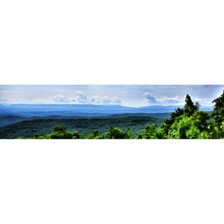 Experience the beauty of nature with "Blue Ridge View - Horizontal Panorama". This stunning print features a breath-taking view of the Blue Ridge Mountains in all its glory. Whether displayed in your office or in your home, it is sure to add exquisite elegance to your space.  Blue Ridge View by Alison Thomas of Serenity Scenes Photography and Digital Art.