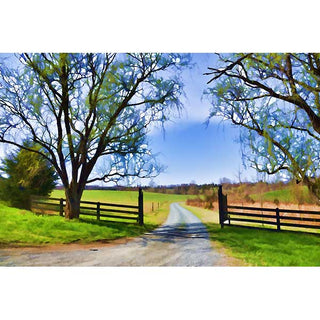 Winding dirt road leading through a wooden fence with trees on either side under a blue sky.  Entrance by Alison Thomas of Serenity Scenes Photography and Digital Art.