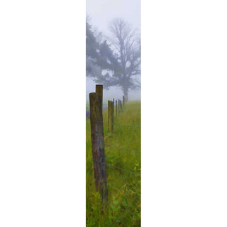 Capture the serene beauty of a solitary tree standing beyond a weathered fence post, enveloped in a gentle fog that softens the landscape.  In the Distance by Alison Thomas of Serenity Scenes Photography and Digital Art.