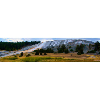 A white and yellow flow down Mammoth Hot Springs in Yellowstone.  Hot water through limestone creates this area.  Mammoth Flow by Alison Thomas of Serenity Scenes Photography and Digital Art.