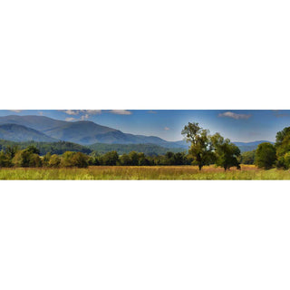 A scenic landscape print showing a grassy field with trees in the foreground and blue mountains under a partly cloudy sky.  Meadow and MOuntain by Alison Thomas of Serenity Scenes Photography and Digital Art.