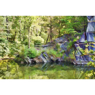 A landscape image depicting a serene forest pond with lush green trees, rocky cliffs, and soft reflections in the water.