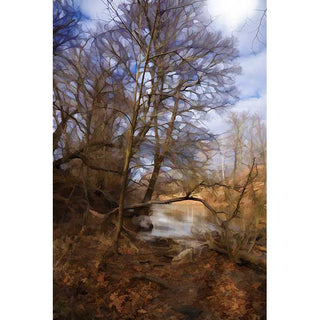A forest scene in winter with a stream under winter trees and a light blue sky. "Riverside" by Alison Thomas of Serenity Scenes Photography aand Digital Art.