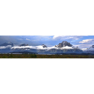 Teton mountain range with low lying clouds.  Tetons in the Clouds by Alison Thomas of Serenity Scenes Photography and Digital Art.