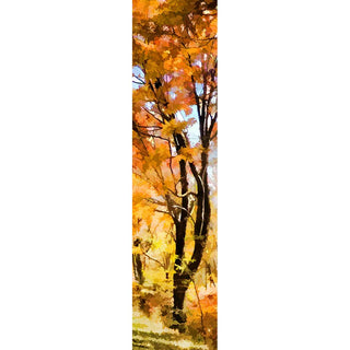 A tall, narrow vertical artwork depicting autumn trees with bright orange and yellow leaves, dark brown trunks, and patches of pale blue sky.