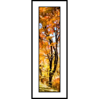 A tall, narrow vertical artwork depicting autumn trees with bright orange and yellow leaves, dark brown trunks, and patches of pale blue sky.