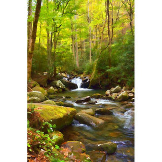 A vertical landscape photograph of a forest stream with flowing water over rocks, surrounded by green and yellow trees in a woodland setting.  Water Drop by Alison Thomas of Serenity Scenes Photography and Digital Art.