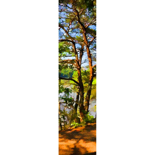 This vertical panorama showcases the James River framed by verdant green trees, highlighting the dynamic interplay between water and forest.  Water View by Alison Thomas of Serenity Scenes Photography and Digital Art