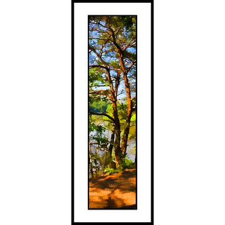 This vertical panorama showcases the James River framed by verdant green trees, highlighting the dynamic interplay between water and forest.  Water View by Alison Thomas of Serenity Scenes Photography and Digital Art