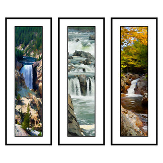 Three images of waterfalls in different natural settings.  Artist Point, Flow, and Autumn Flow in a vertical waterfall panorama grouping. Artist Point is from Yellowstone Canyon, Flow is from Great Falls in Virginia, and Autumn Flow is from Ellis Falls in New Hampshire.  Waterfall Grouping by Alison Thomas of Serenity Scenes Photography and Digital Art.