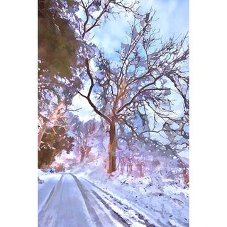 A stylized winter landscape artwork showing a snow-covered road running through a forest of leafless trees under a pale blue sky, rendered in soft pastel tones with purple, white, blue, and brown accents.