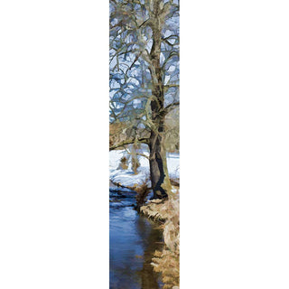 The snow is melting into a blue stream.  A bare tree on the bank looks on.  Colors of Winter by Alison Thomas of Serenity Scenes Photography and Digital Art.