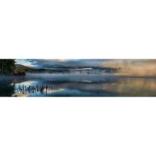 Fog drifting across a lake revealing the mountains in the distance. Fog on the Lake by Alison Thomas of Serenity Scenes Photography and Digital Art.