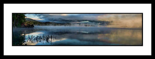Fog drifting across a lake revealing the mountains in the distance. Fog on the Lake by Alison Thomas of Serenity Scenes Photography and Digital Art.