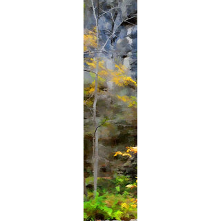 A small tree with yellow leaves growing in front of a rock face. The edges of the leaves blur like watercolors, turning them into smudges of yellow and green against the brown and gray of the rock.  Forest Rock by Alison Thomas of Serenity Scenes Photography and Digital Art.