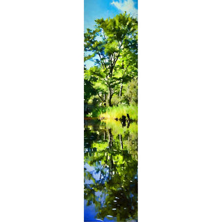 The only time I have ever gotten my husband in a canoe.  He paddled, I photographed. A green tree, the foliage around it, and the brilliant blue sky above reflected in a clear lake. The stumps off to one side look like bears... almost.  Green Reflection by Alison Thomas of Serenity Scenes Photography and Digital Art.