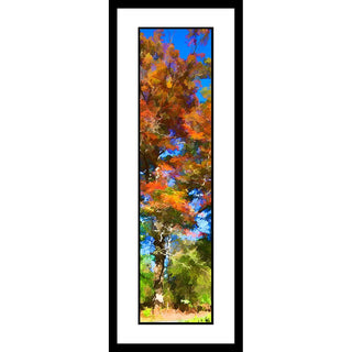 A magnificent old tree reaches into the sky, its leaves changing with the seasons. The sun shines bright, and a crisp fall day emerges in the contrast of bright orange leaves against a blue sky. Old Orange by Alison Thomas of Serenity Scenes Photography and Digital Art.