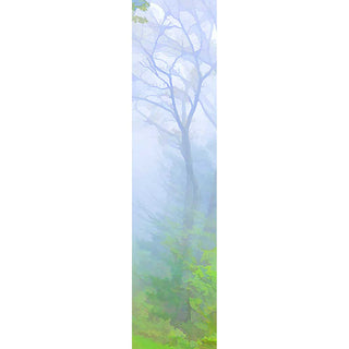 Fog cloaks the forest in purple haze, the bright green of fresh leaves the only color peeking through. The shape of a bare-branched tree is barely visible, a dark silhouette engulfed in mist. Purple Fog by Alison Thomas of Serenity Scenes Photography and Digital Art