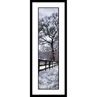 A blanket of snow covers a country field, the tops of its fenceposts, and the bare branches of a lofty tree. A small house is half hidden from view behind the fence. Snow Day by Alison Thomas of Serenity Scenes Photography and Digital Art.