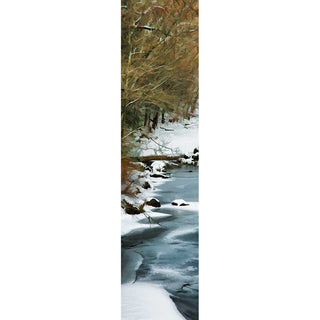 Bare trees line a winter stream, their whisper-thin branches making a web that shields the rest of the forest from view. Snow gathers on the riverbank and dusts the ice covering the water.  Winter Stream by Alison Thomas of Serenity Scenes Photography and Digital Art