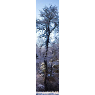 A tall winter tree and the forest around it dusted with snow, the sky and the forest floor both icy blue. The high, bare branches of the tree transform into the geometric shapes of stained glass. Winter Woods by Alison Thomas of Serenity Scenes Photography and Digital Art