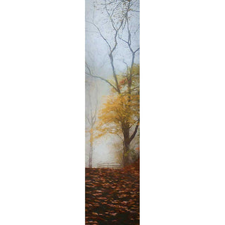 An autumn path scattered with fallen leaves leads to a tree with a dusting of yellow foliage remaining and a fenced field encased in gray mist beyond.  Yellow Fog by Alison Thomas of Serenity Scenes Photography and Digital Art