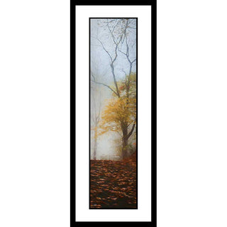 An autumn path scattered with fallen leaves leads to a tree with a dusting of yellow foliage remaining and a fenced field encased in gray mist beyond. Yellow Fog by Alison Thomas of Serenity Scenes Photography and Digital Art